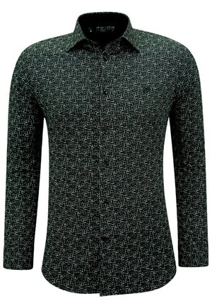 Zwarte lange mouw shirt met een geometrisch wit patroon, gestructureerde kraag en knoopsluiting. Gestructureerde stof met een gladde afwerking.