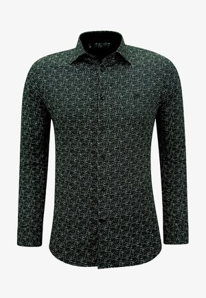 Zwarte lange mouw shirt met een geometrisch wit patroon, gestructureerde kraag en knoopsluiting. Gestructureerde stof met een gladde afwerking.