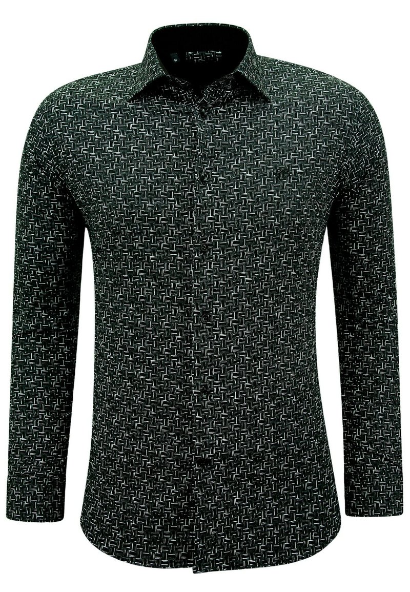 Zwarte lange mouw shirt met een geometrisch wit patroon, gestructureerde kraag en knoopsluiting. Gestructureerde stof met een gladde afwerking.