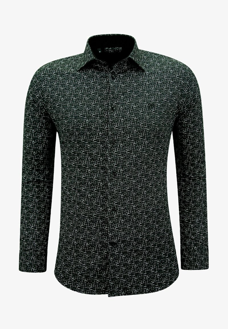 Zwarte lange mouw shirt met een geometrisch wit patroon, gestructureerde kraag en knoopsluiting. Gestructureerde stof met een gladde afwerking.