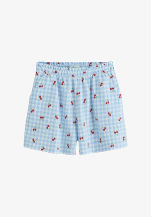 Hellblaue Vichykaro-Shorts mit roten Kirschenmustern und elastischem Bund, für den Freizeitgebrauch entworfen.