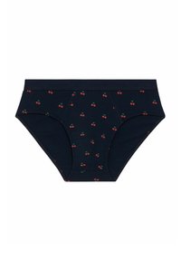 Caleçons pour hommes bleu marine avec de petits motifs de cerises rouges et une ceinture unie sur un fond blanc.