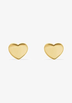 Goldene herzförmige Steckerohrringe mit glänzender Oberfläche. Einfaches Design, symmetrische Form und glatte Textur. Keine zusätzlichen Details oder Verzierungen.