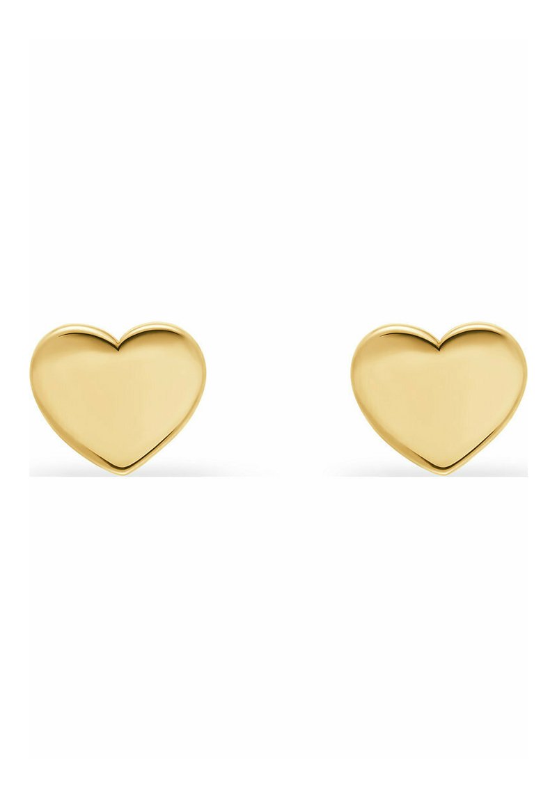 Orecchini a forma di cuore in oro con una finitura lucida. Design semplice, forma simmetrica e texture liscia. Nessun dettaglio o embellimento aggiuntivo.
