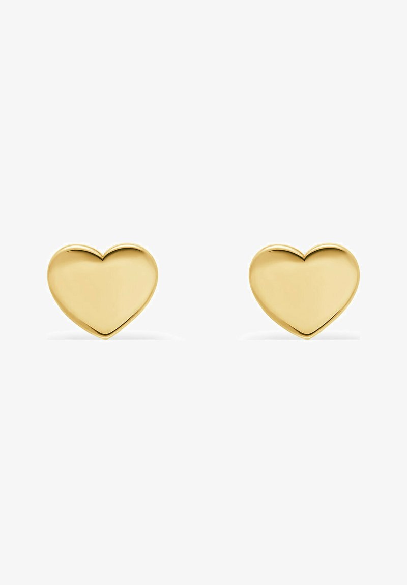 Orecchini a forma di cuore in oro con una finitura lucida. Design semplice, forma simmetrica e texture liscia. Nessun dettaglio o embellimento aggiuntivo.