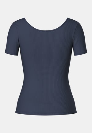Kurzes, navy-blaues Oberteil aus geripptem Material, mit weiter Rundhalsausschnitt und figurbetonter Silhouette. Glatte Textur ohne Verzierungen.