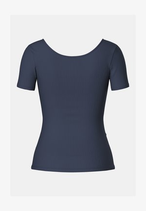 Short-sleeve navy top made of ribbed material, featuring a wide scoop neckline and a fitted silhouette. Smooth texture with no embellishments.
