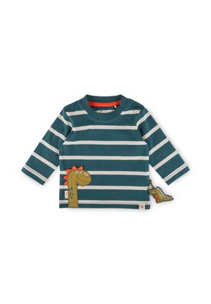 T-shirt à manches longues pour tout-petit avec des rayures turquoise et blanches, avec une application de dinosaure souriant et une petite queue de dinosaure attachée sur le côté.