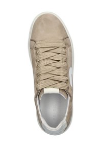 Beige suede sneaker with rounded toe, cream laces, and white side logo. Features a textured upper and subtle branding on the heel tab.