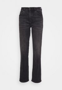 Jeans de mezclilla negra con corte recto, cintura alta, diseño de cinco bolsillos y cierre de botones. Textura ligeramente desgastada.