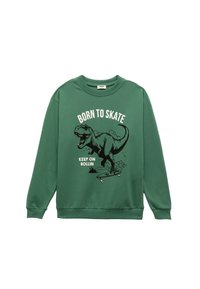 Groene sweat, gemaakt van katoen, met een dinosaurustekening en de teksten "Born to Skate" en "Keep on Rollin" in zwart-wit.