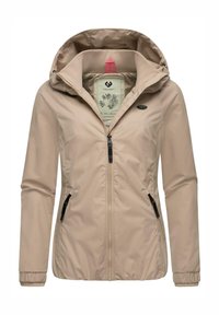 Light beige waterproof jacket with a hood, zippered front, and two side pockets. Features elastic cuffs and a decorative inner lining.