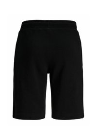 Shorts noirs mi-longue taille élastique et coupe droite, vus de dos sur fond blanc.