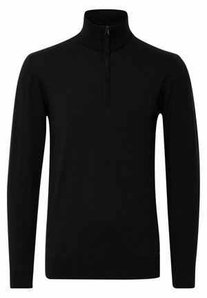 Pull-over noir à col zippé avec des manches longues, un col et des poignets côtelés. Fabriqué en tissu lisse et léger avec une coupe ajustée.