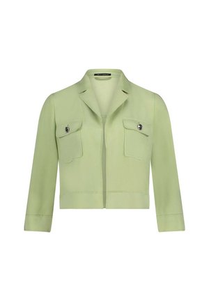 Veste courte en tissu vert clair, dotée d’un col, de deux poches avant à rabats et d’accents de boutons argentés. Texture lisse, coupe ajustée.