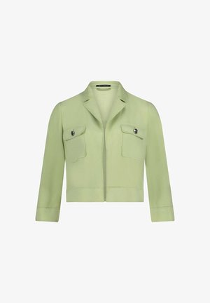 Veste courte en tissu vert clair, dotée d’un col, de deux poches avant à rabats et d’accents de boutons argentés. Texture lisse, coupe ajustée.