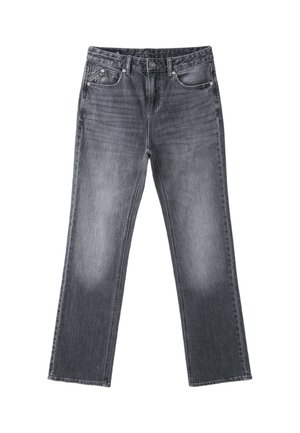 Mørkegrå straight-leg denimjeans med falmet finish, frontknap og lynlås og fem-lomme stil på hvid baggrund.