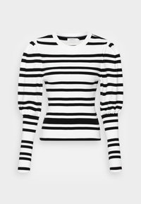 Svart och vit randig långärmad tröja med puffade axlar, ribbad textur och en figurnära passform. Rund halsringning och kontrasterande ränder genom hela plagget.