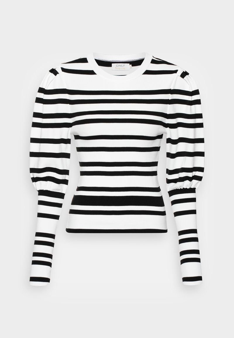 Svart och vit randig långärmad tröja med puffade axlar, ribbad textur och en figurnära passform. Rund halsringning och kontrasterande ränder genom hela plagget.