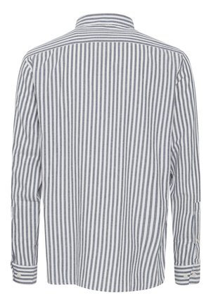 Long-sleeve shirt with a classic collar, featuring alternating navy and white vertical stripes, cotton fabric, and buttoned cuffs.