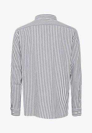 Long-sleeve shirt with a classic collar, featuring alternating navy and white vertical stripes, cotton fabric, and buttoned cuffs.
