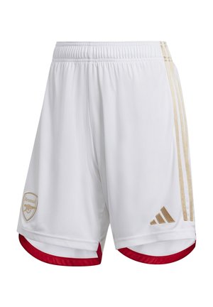 White shorts made of lightweight material, featuring gold Adidas stripes, a red inner lining, and an Arsenal logo on the left leg.