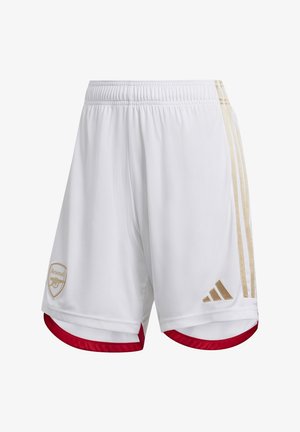 White shorts made of lightweight material, featuring gold Adidas stripes, a red inner lining, and an Arsenal logo on the left leg.