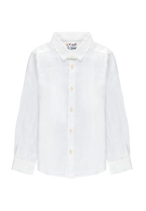 Camicia bianca a manica lunga con colletto e sette bottoni color crema sul davanti, esposta su sfondo bianco.