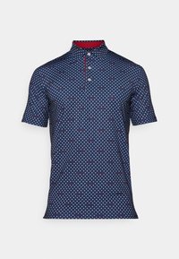 Marine polo skjorte med krage, med hvit og rød diamantmønster, knappestolpe og kontrastfarget rød innerside av kragen. Korte ermer.