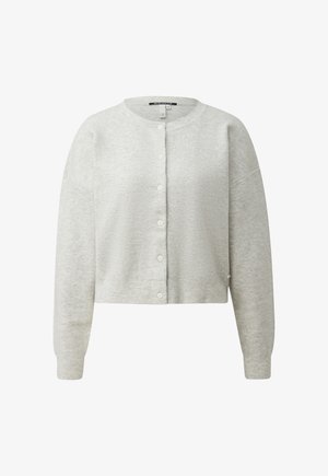 Jasnoszary, długorękawowy, zapinany na guziki krótki kardigan z okrągłym dekoltem oraz prążkowanymi mankietami i dołem.