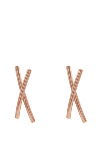 Orecchini in oro rosa con design a croce intrecciata. Superficie liscia e lucidata con bordi arrotondati. Leggeri e minimalisti nello stile.