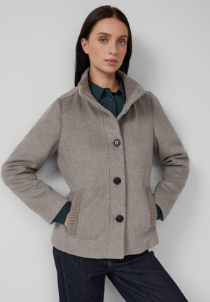 Light grey wool blend jacket with a high collar, four black buttons, and ribbed side pockets. Features a structured fit and soft texture.