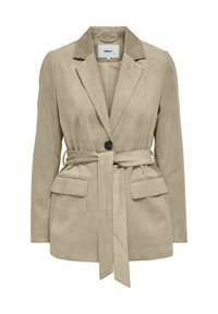 Blazer in corduroy beige con colletto a rever, chiusura con un bottone, vita con cintura e due tasche frontali. Tessuto testurizzato con righe verticali.