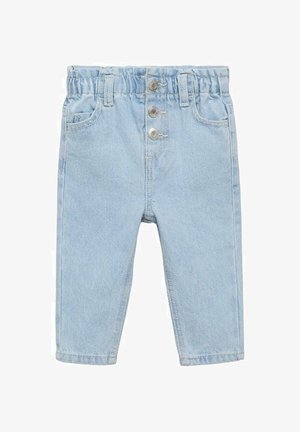 Svetlo modri denim hlače z zbrano elastično obrobo, tremi sprednjimi gumbi in dvema stranskima žepoma. Ravnane hlačnice in brez vidnih vzorcev.