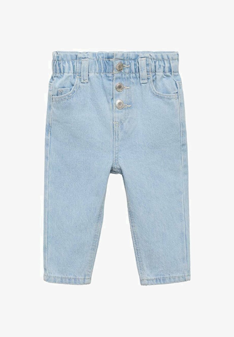 Svetlo modri denim hlače z zbrano elastično obrobo, tremi sprednjimi gumbi in dvema stranskima žepoma. Ravnane hlačnice in brez vidnih vzorcev.