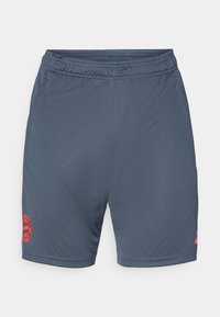 Grå fodboldshorts med elastisk talje, der har et rødt broderet Bayern München-logo på venstre side. Glat, let stof.