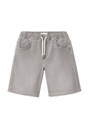 Hellgraue Freizeitsshorts mit elastischem Bund, weißem Kordelzug, zwei Vordertaschen und einer kleinen Münztasche auf der rechten Seite.