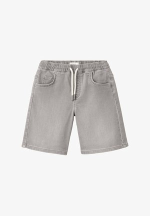 Lysegrå afslappede shorts med elastisk linning, hvid snor, to forlommer og en lille møntlomme på højre side.