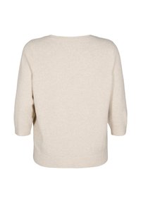 Beiges, kurzärmeliges Sweatshirt mit lockerer Passform, runder Halslinie und geripptem Saum. Hergestellt aus weicher, strukturiertem Material. Rückansicht gezeigt.