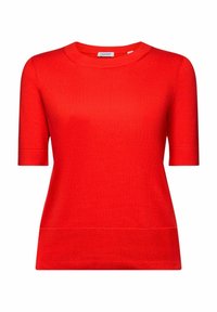 Pull en maille rouge à manches courtes avec col rond et ourlet et poignets côtelés, design uni, étiquette de la marque Espirit à l'intérieur du col.