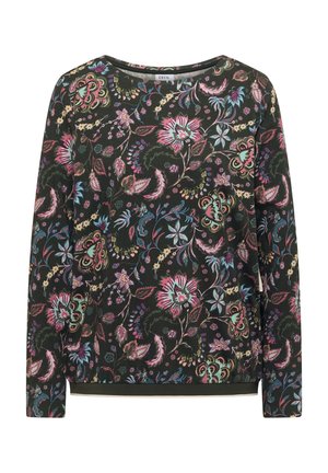 Camisa de manga larga verde oscuro con patrón floral y de hojas multicolor en tonos rosa, azul, amarillo y beige, con cuello redondo.