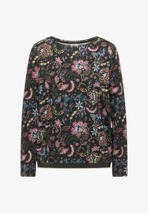 Tummanvihreä pitkähihainen paita, jossa monivärinen kukka- ja lehtikuvio pinkin, sinisen, keltaisen ja beigen sävyissä, pyöreä pääntie.