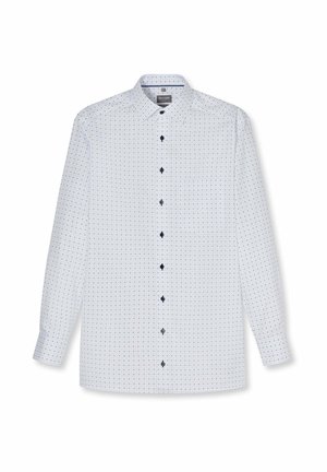 Weißes Herrenhemd mit langen Ärmeln, kleinen blauen geometrischen Punkten und dunklen Knöpfen auf der Vorderseite in der Mitte.