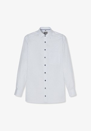 White long-sleeve men's dress shirt with small blue geometric dot pattern and dark buttons down the center front.