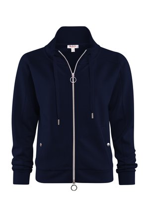 Marineblaue Reißverschlussjacke mit hohem Kragen, zwei vorderen Taschen mit Druckknöpfen, Reißverschluss mit Ringzug und Kordelzug am Kragen.