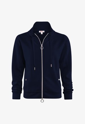 Marineblaue Reißverschlussjacke mit hohem Kragen, zwei vorderen Taschen mit Druckknöpfen, Reißverschluss mit Ringzug und Kordelzug am Kragen.