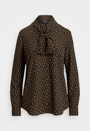 Schwarze Bluse mit langen Ärmeln und goldfarbigem Kettenmuster, mit gebundenem Schleifen-Ausschnitt, Knöpfen an den Manschetten und einem leicht geschwungenen Saum.