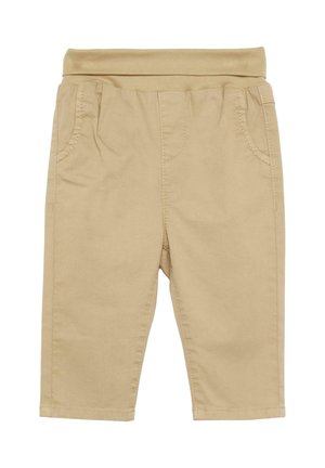 Beżowe bawełniane szorty z miękkim, elastycznym pasem, posiadające dwie przednie kieszenie i prosty krój kończący się tuż nad kolanem.