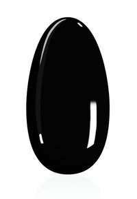 Campione di smalto per unghie nero con finitura lucida, forma ovale, texture liscia e superficie riflettente.