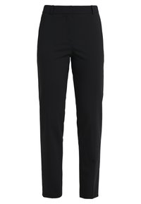 Zwarte broek van zachte stof, met een op maat gemaakte uitstraling, slim fit, riemlussen en zijzakken. Gladde textuur zonder zichtbare patronen.
